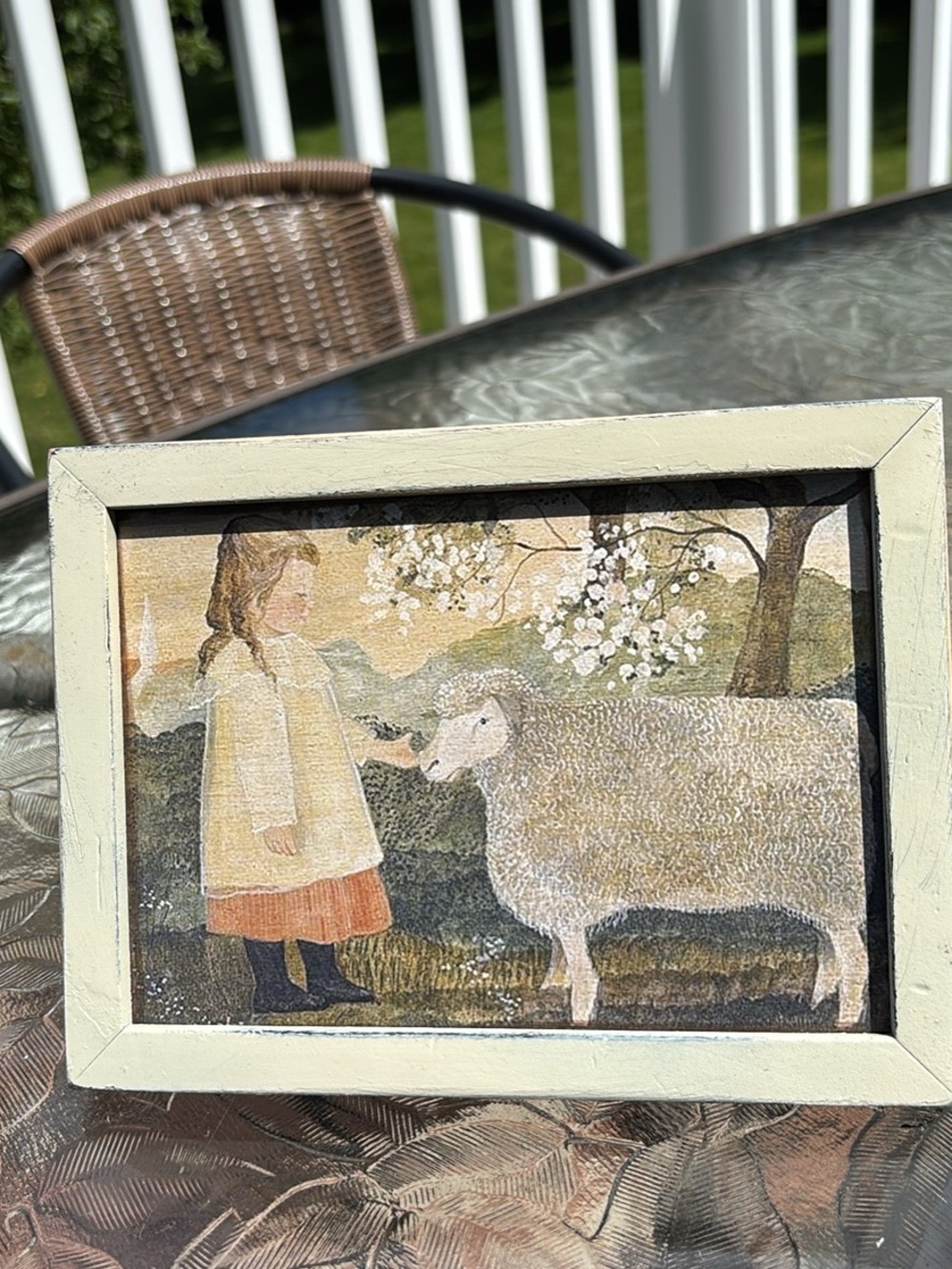 Primitive Style Print of a Girl with a Sheep